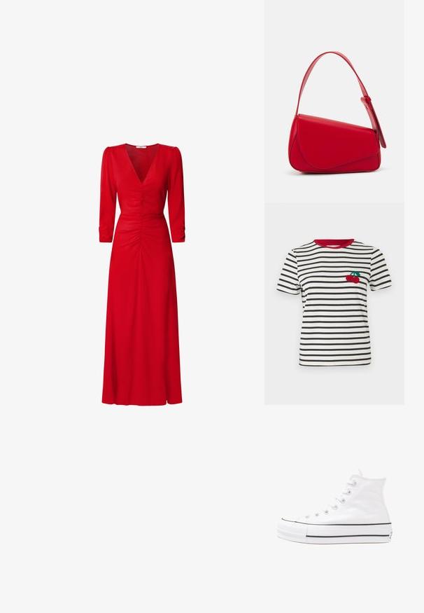 Svītraina kreklā krēmkrāsā un tumši zilā, ar sarkanu apkakli. Kreklam ir izšūta ķiršu dizains kreisās krūts daļā. Īsas piedurknes.; Sarkana kleita ar V veida kakla izgriezumu, trīs ceturtdaļu piedurknēm un ruched detaļām viduklī un mugurā. Audums izskatās gluds un viegls.; Balti augstie kanvas sporta apavi ar melnu gumijas zoli, priekšējo gumijas purngalu un sešām acīm lencēm, kuriem ir tīrs, minimālistisks dizains.; Sarkans ādas rokassomi ar stūrainu, ģeometrisku dizainu. Iekļauj vienu regulējamu siksnu un vāku ar izšūtu detaļu.