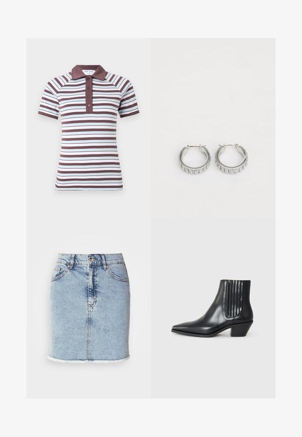 Polo cu mânecă scurtă, cu dungi alternante largi și înguste în nuanțe de brun și albastru deschis, cu un guler solid brun și o deschidere cu trei butoane.; Fustă din denim bleu deschis, cu croi drept, tiv destrămat, design cu cinci buzunare și închidere cu nasture în față. Textură netedă cu accente estompate.; Cizme negre din piele, până la gleznă, cu vârful ascuțit, panouri elastice pe laterale cu striații verticale și toc mic, de tip bloc. Textură netedă și design elegant.; Cercei din argint în formă de cerc cu un design texturat, ce prezintă striții verticale. Formă circulară cu un sistem de închidere sigur. Finisaj neted.