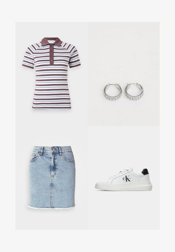 Polo tričko s krátkym rukávom, ktoré má striedavé široké a úzke pruhy v hnedej a svetlomodrej farbe, s pevnou hnedou golierom a štvoricou gombíkov.; Svetlomodrá džínsová sukňa s rovný strihom, rozstrapkaným lemom, dizajnom s piatimi vreckami a predným zapínaním na gombíky. Hladká textúra s jemne vyblednutými akcentmi.; Biele nízke tenisky s čiernym pätkovým dielom, platformovou podrážkou, šnúrkami a logom "CK" značky Calvin Klein na boku.; Strieborné kruhové náušnice s textúrovaným dizajnom, ktorý obsahuje vertikálne ryhy. Obdĺžnikový tvar so zabezpečovacím uzáverom. Hladký povrch.