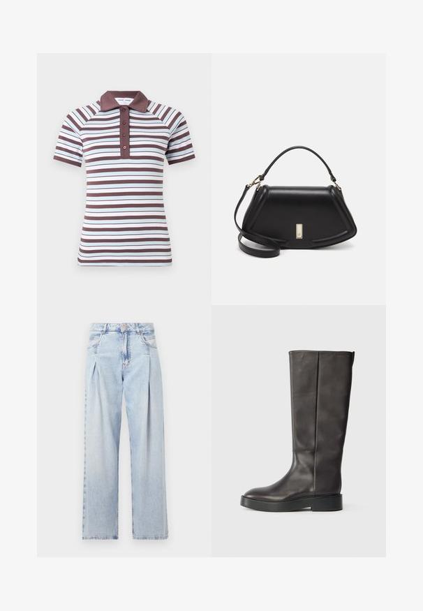 Īsām piedurknēm polo krekls ar maiņojošām platām un šaurām svītrām brūnā un gaiši zilo krāsā, ar vienkrāsainu brūnu apkakli un trīs pogu apdari.; Gaiši zilas džinsu bikses ar augstu jostasvietu, plats kāju griezumu, divām sānu kabatām un krokotā dizaina akcentiem. Mīksta tekstūra ar izdilušu apdari.; Melnas ādas zābaki līdz ceļiem ar biezu zoli un smalku Calvin Klein logo tuvāk augšējai mala, attēlots no sāna.; Melnas ādas roku soma ar struktūru, ar īsu formu, augšējo rokturi un zelta aksesuāriem. Iekļauta regulējama plecu siksna.