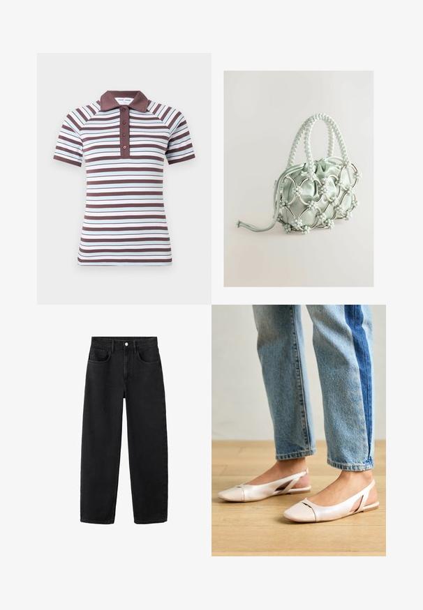 Polo a maniche corte con righe alternate larghe e strette in marrone e azzurro chiaro, con colletto marrone a tinta unita e pattina con tre bottoni.; Jeans in denim nero con taglio straight, dotati di cinque tasche, chiusura a bottone e design classico. Texture morbida con una finitura pulita.; Ballerine slingback rosa pallido con punta affusolata, realizzate in un materiale simile alla pelle liscio. Presentano dettagli a taglio sui lati e un tacco piatto.; Next Borsa a mano - blue