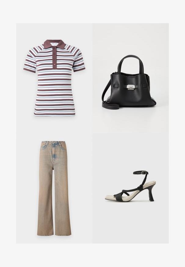 Kortermet polo skjorte med vekslende brede og smale striper i brunt og lyseblått, med en solid brun krage og tre-knaps knapping.; Lysvaskede, vide ben jeans med høj talje, lavet af denim. Har diskret syninger og fem lommer, med en let falmet tekstur.; Sorte helårs sandaler med flettet stroppesdesign, firkantet tå og justerbar ankelrem. Lys beige fotseng med glanset svart hæl.; Svart skinnveske med teksturert overflate, som har to håndtak på toppen, en avtagbar skulderrem og detaljer med sølvspenne.