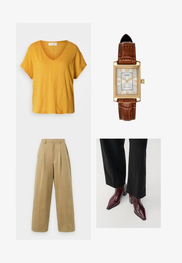 Lühikese varrukaga V-kaelusega t-särk eredas kollases toonis, valmistatud pehmest tekstureeritud kangast, millel on mugav lõige ja õrn, ebaühtlane muster.; Khaki värvi laiad püksid, mis on valmistatud puuvilla ja sünteetiliste kiudude segust. Pükstel on sirge esiosa, voldid, nööbikinnitus ja sile viimistlus.; Burgundi patendi nahkkingad terava nina, paksu kontsaga ja tekstuurse viimistlusega, koos mustade laia säärega pükstega.; Casio kvartsikell, millel on ristkülikukujuline kullatooniline korpus, valge nägu, kullast o'clock-märgid ja pruuni nahast krokodillimustriga rihm. Veekindel.