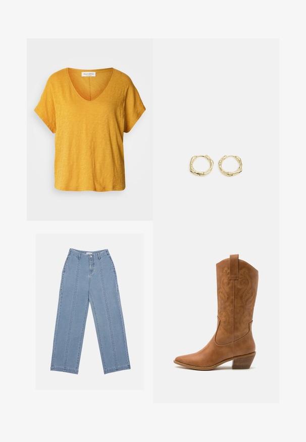 Korte mouw, v-hals t-shirt in een heldere gele kleur, gemaakt van zacht, gestructureerd materiaal met een ontspannen pasvorm en subtiel, ongelijkmatig patroon.; Lichtblauwe wijde jeans van denim. Heeft een hoge taille, knoopsluiting en zichtbare stiksels. Geen zakken zichtbaar aan de voorkant.; Tan leren cowboylaars met puntige neus, geborduurde spiraalpatronen op de schacht en een gestapelde blokhak. Voorzien van een trekband voor gemakkelijke aan- en uittrekken.; Gouden creolen met een textuur en onregelmatige vorm. Voorzien van een naadloze sluiting en een gepolijste afwerking, wat het moderne ontwerp benadrukt.