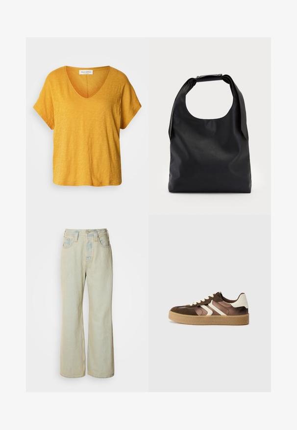 Short-sleeve, v-neck t-shirt in a bright yellow hue, made of soft, textured fabric with a relaxed fit and subtle, uneven pattern.; Light blue wide-leg jeans made of denim, featuring a high waist, five pockets, and subtle fading with contrasting stitching accents.; Brown and cream sneakers with a combination of suede and satin materials, featuring three diagonal stripes and a textured gum sole.; Black leather handbag with a large open top and a single shoulder strap. Soft texture, minimal design, features subtle hardware accents.; Gold hoop earrings with a textured, irregular shape. Features a seamless closure and a polished surface finish, emphasizing a modern design.