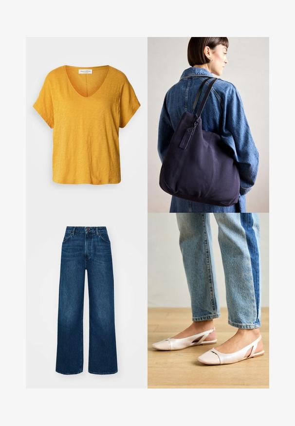 Trumpas rankovėmis, V formos iškirpte marškinėliai ryškiai geltonos spalvos, pagaminti iš švelnios, tekstūruotos medžiagos, su laisvu sijonu ir subtiliu, nevienodu raštu.; Aukšto liemens, platėjantys džinsai tamsiai mėlynos džinsinės medžiagos su lygia tekstūra, kontrastingomis siūlėmis ir penkių kišenių dizainu. Priekinis mygtukų užsegimas.; Šviesiai rožiniai slingback baleto bateliai su smailiu pirštu, pagaminti iš lygios odai panašios medžiagos. Yra išpjovimų detalės šonuose ir plokščias kulnas.; Tamsiai mėlynas drobės petinis krepšys su minkšta, struktūruota forma, pasižymintis juodu diržu, siuvinėtomis detalėmis ir mažyčiu prekės ženklo žymekliu.