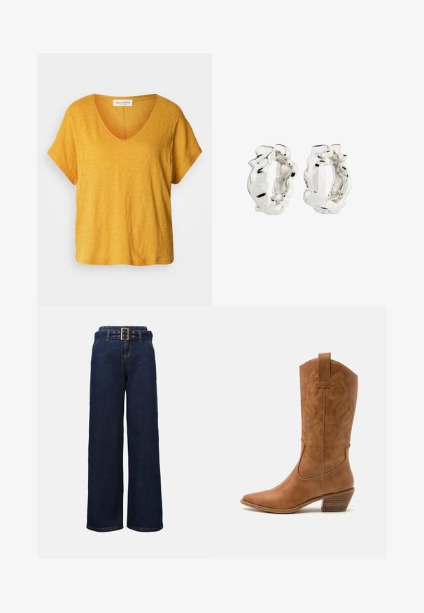 Īsām piedurknēm, V veida kakla t-krekls spilgtā dzeltenā krāsā, izgatavots no mīksta, strukturēta auduma ar brīvu piegriezumu un smalku, nevienmērīgu rakstu.; Tumši zili platlegu denimi bikses ar izšūtām kabatām un saderīgu jostu, kurai ir liels taisnstūrains zelta sprādze.; Brūni ādas kovboju zābaks ar norādītu purngalu, izšūtām viļņveida apakšējo detaļu un sakrautajiem blokiem. Iezīmēts ar velkšanas cilpu ērtai uzvilkšanai.; Sudraba riņķi auskari ar teksturētu, neregulāru dizainu. Virsma ir atstarojoša, demonstrējot līkumus un kontūras. Iekšējais telpa ir tukša.