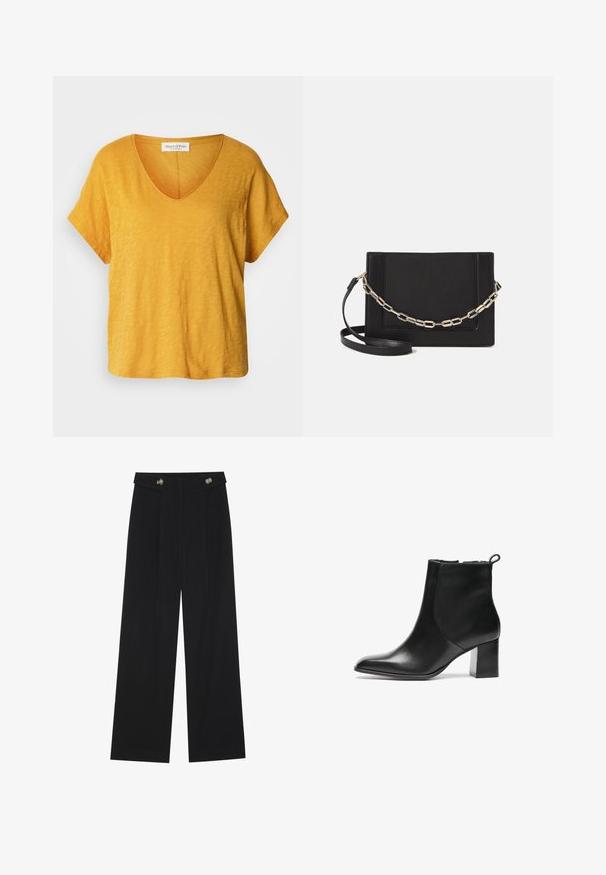 Short-sleeve, v-neck t-shirt in a bright yellow hue, made of soft, textured fabric with a relaxed fit and subtle, uneven pattern.; Black wide-leg trousers with high waist, button details on waistband, and front pleats.; Black leather ankle boot with a rounded toe, a mid-height block heel, and a pull tab at the back. Smooth texture, minimal design.; Black leather crossbody bag featuring a smooth texture, rectangular shape, and a metallic chain detail on the front. Adjustable strap included.