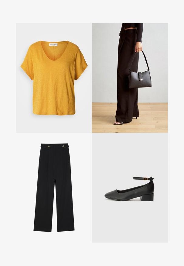 Kortermet v-hals T-skjorte i en lys gul nyanse, laget av mykt, teksturert stoff med en avslappet passform og subtilt, ujevnt mønster.; Svart vide bukser med høy midje, knappdetaljer på midjebåndet og frontplisser.; Sorte skinnpumper med spiss tå og lav blokkhelt. Har ankelrem med gullfarget spenne. Glatt tekstur.; Svart håndveske med strukturert form, jevn tekstur og metallisk lås. Kombinert med brede svarte bukser og sandaler med åpen tå på tregulv.