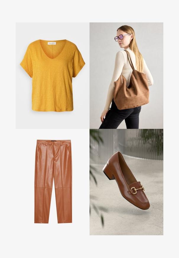 Lyhytnenäinen, V-pääkkeinen t-paita kirkkaassa keltaisessa sävyssä, valmistettu pehmeästä, tekstuurilla varustetusta kankaasta, joka on rento ja jossa on hienovarainen, epätasainen kuvio.; Ruske jastučić hlače od umjetne kože s krojem, koje imaju prednje nabore i ravne nogavice. Glatka tekstura bez vidljivih metalnih dijelova ili ukrasa.; Ruskea kiiltävä nahkaloaferi neliönmuotoisella varpaalla, metalliketjuaktsentilla ja matalalla tukijalalla; sileä rakenne, minimalistinen muotoilu.; Ruskea nubukkivuoriolaukku, jossa on pehmeä rakenne, tilava avaus ja pitkät hihnat. Ominaisuuksiin kuuluu yksinkertainen muotoilu näkyvine ompeleineen ja ilman metalliosia.