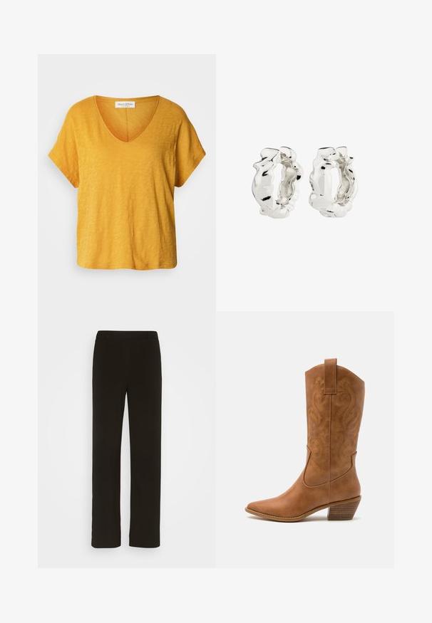 Lyhytnenäinen, V-pääkkeinen t-paita kirkkaassa keltaisessa sävyssä, valmistettu pehmeästä, tekstuurilla varustetusta kankaasta, joka on rento ja jossa on hienovarainen, epätasainen kuvio.; Mustat, suorat housut, jotka on valmistettu kudotusta kankaasta. Housuissa on litteä etuosa, kaksi sivutaskua ja sileä pinta. Ei näkyviä kuvioita tai yksityiskohtia.; Ruskean nahkainen cowboy-saapas, jossa on terävä kärki, brodeeratut pyörteiset kuviot varressa ja kerroslohko korko. Varustettu nostonipulla helpottamaan pukemista.; Hopeilevyt, joissa on teksturoitu ja epäsäännöllinen muotoilu. Pinta on heijastava, ja siinä on kaarteita ja ääriviivoja. Sisätila on ontto.