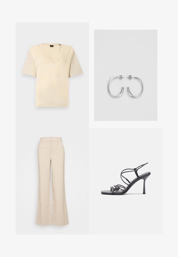 V-hals, kortærmet t-shirt lavet af blødt beige stof, med et simpelt design og subtile logo detaljer på forsiden.; Beige vidde bukser med en glat overflade, der har en høj talje og to forlommer. Renset design med en skræddersyet pasform.; Sorte højhælede sandaler med tynde stropper og en knyttet design, en glat firkantet tå og en slank stiletto hæl.; Sølv hoop øreringe med en glat, skinnende overflade. Rundet form, letvægtsdesign med post-back lukning.