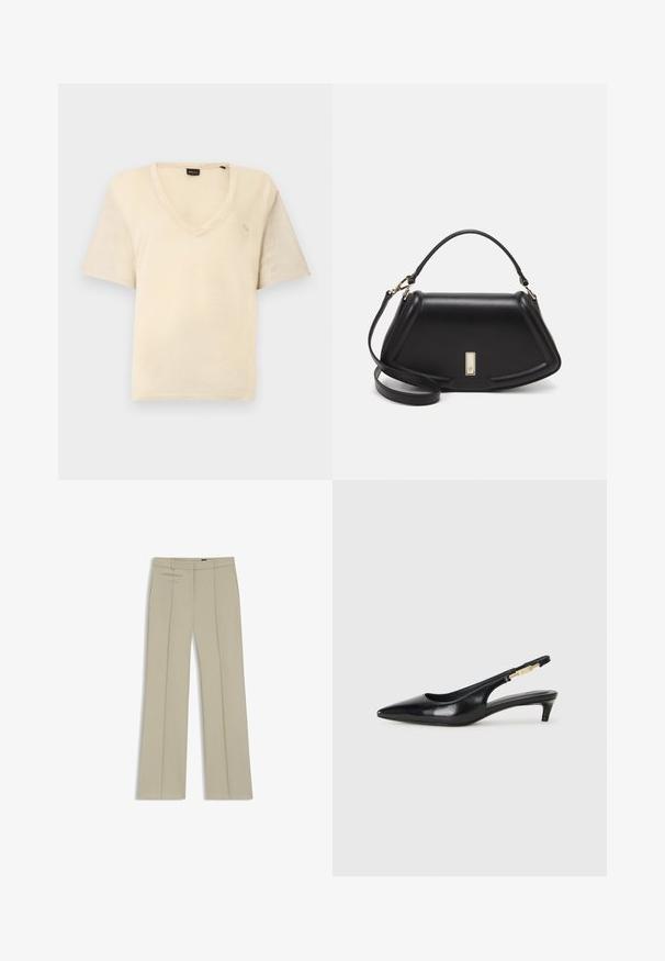 V-ringad, kortärmad t-shirt i mjukt beige tyg, med en enkel design och subtil logotypdetalj på framsidan.; Beige skräddarsydda byxor med vida ben, framfickor, två horisontella sidofickor och ett slätt, något texturerat tyg.; Svart läder slingback-hälar med spetsig tå, med en smal klack och en guldtonad detalj på den justerbara remmen. Slät textur.; Svart läderhandväska med en strukturerad design, som har en avskuren form, ett handtag upptill och guldiga detaljer. Justerbar axelrem ingår.