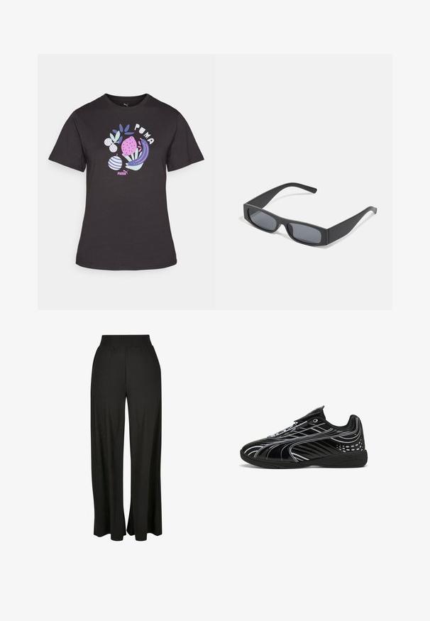 Camiseta negra de algodón con un diseño gráfico colorido que presenta plantas y formas. Manga corta y cuello redondo. Logotipo de la marca visible.; Pantalones anchos negros con textura de canalé vertical y cinturilla alta elástica. Incluye bolsillos laterales y diseño de tela fluida.; Zapatilla deportiva negra con un diseño elegante, que presenta un acabado brillante, acentos blancos, paneles de malla para transpirabilidad y una correa de velcro.; Gafas de sol negras rectangulares con lentes oscuros y montura gruesa mate. Las varillas son ligeramente cónicas con una textura suave.