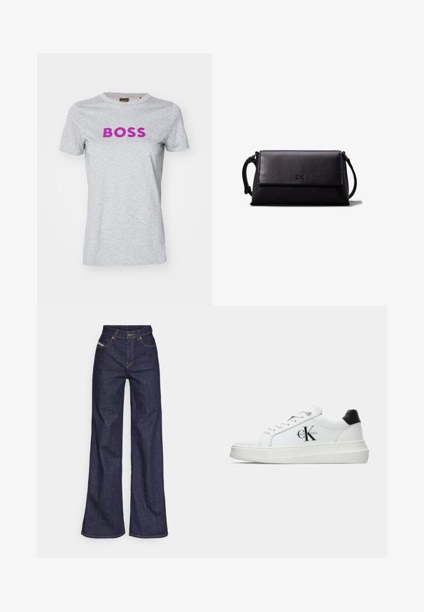 Pelēks īsām piedurknēm T-krekls, izgatavots no mīkstas kokvilnas, ar apaļu dekoltē un drosmīgu purple "BOSS" uzrakstu uz krūts.; Tumši zili platleņķa džinsi no denima auduma ar augstu jostasvietu, ar oranžām šuvēm, piecu kabatu dizainu un pogu aizdari.; Baltā zema topa sporta apavas ar melnu papēža cilni, platformas zoli, auklēm un Calvin Klein "CK" logo sānos.; Melna ādas maku ar taisnstūra formu, gludu tekstūru, platu aizdari un nelielu rokturi sānos. Satur diskretu logo.