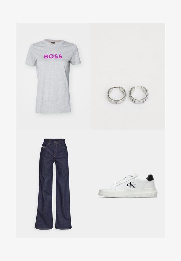 Pelēks īsām piedurknēm T-krekls, izgatavots no mīkstas kokvilnas, ar apaļu dekoltē un drosmīgu purple "BOSS" uzrakstu uz krūts.; Tumši zili platleņķa džinsi no denima auduma ar augstu jostasvietu, ar oranžām šuvēm, piecu kabatu dizainu un pogu aizdari.; Baltā zema topa sporta apavas ar melnu papēža cilni, platformas zoli, auklēm un Calvin Klein "CK" logo sānos.; Sudraba gredzena auskari ar faktūras dizainu, kas ietver vertikālas rievas. Apaļa forma ar drošu aizdari. Gluda apdare.
