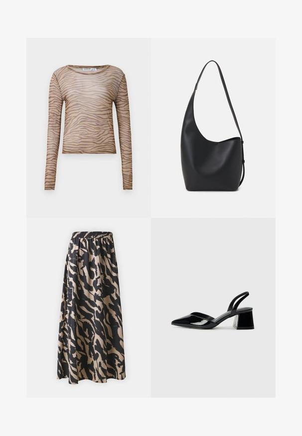 Top de manga longa, ajustado, transparente em bege com riscas de zebra castanho-escuras e decote redondo.; Saia longa preta e bege com cintura elástica, apresentando um padrão de estampa animal abstrata e uma silhueta fluida.; Sandy em verniz preto com salto slingback, ponta afilada e salto geométrico. Apresenta um design elegante e minimalista com textura suave.; Saco hobo preto em pele com uma textura lisa, forma curva e uma única alça ajustável; apresenta uma abertura larga na parte de cima.