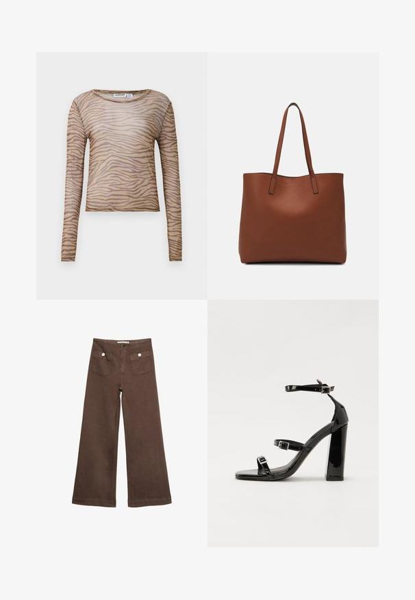 Long-sleeve, fitted, sheer beige top with dark brown zebra stripes and a round neckline.; Brown wide-leg trousers made of cotton, featuring two front pockets with silver buttons, and a smooth texture.; Black patent heeled sandals with a square toe, ankle straps, and silver buckles. Features a chunky block heel for stability.; Brown leather tote bag with a smooth texture, open top design, and two shoulder straps. Features minimal stitching and no visible hardware.