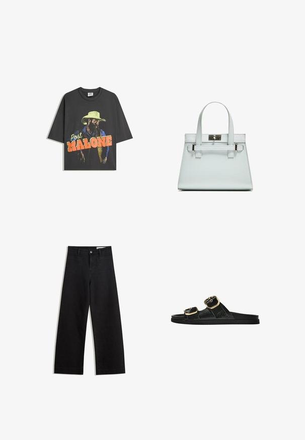 Črna bombažna majica s grafiko na sprednji strani, ki prikazuje moškega z brado v rumeni kavbojski klobuk in modri srajci, z napisom "Post Malone" v bold črkah.; Črne široke denim hlače z visokim pasom, ki imajo sprednje in zadnje žepe, šivane šive ter gumbasto zapiranje. Gladka tekstura.; Črne drsne sandale z dvema zlatima zaponkama, gladkega materiala, ravnim podplatom in minimalističnim dizajnom.; Svetlo modra torbica z oblikovano zasnovo, dvema ročkama in kljuko iz srebrno-toniranega materiala. Teksturni material in ostri koti.