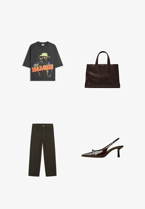 Czarna bawełniana koszulka z grafiką na przodzie przedstawiającą mężczyznę z brodą w żółtym kapeluszu kowbojskim i niebieskiej koszuli, z napisem "Post Malone" wyświetlonym dużymi literami.; Ciemnozielone spodnie dżinsowe typu wide-leg wykonane z mieszanki bawełny, z zamkiem na guzik z przodu, pięcioma kieszeniami i klasycznym przeszyciem dżinsowym.; Brązowe lakierowane sandały z odkrytymi palcami, o spiczastym nosku, niskim obcasie i ozdobnym kokardkowym akcentem z przodu. Gładka, błyszcząca tekstura.; Brązowa skórzana torba tote z dwoma wydłużonymi uchwytami, usztywnionym prostokątnym kształtem, gładką teksturą i subtelnymi detalami przeszycia.