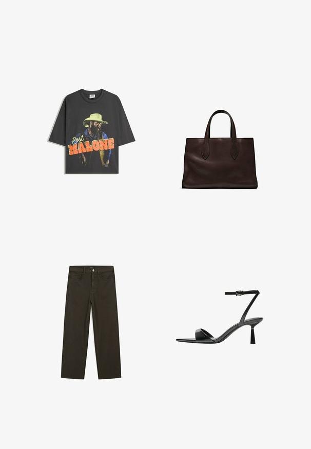 Černé bavlněné tričko s potiskem na přední straně, zobrazujícím vousatého muže v žlutém kovbojském klobouku a modrém tričku, s nápisem "Post Malone" tučným písmem.; Tmavě zelené široké džínsy vyrobené z bavlněné směsi, s předním zapínáním na knoflík, pěti kapsami a klasickým denimovým stehem.; Bershka Sandály na vysokém podpatku - black; Hnědá kožená taška přes rameno s dvěma dlouhými uchy, strukturální obdélníkový tvar, hladká textura a jemné švy.