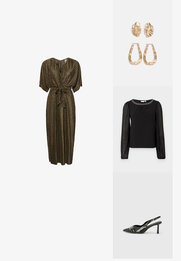 Top nero con un corpo liscio e maniche lunghe trasparenti. Presenta una fascia decorativa attorno al collo con un leggero dettaglio arricciato.; Abito maxi marrone plissettato con scollatura a V, maniche ampie e una cintura annodata in vita. Tessuto liscio con una leggera lucentezza.; Scarpa slingback in vernice nera con punta affusolata, cinturini alla caviglia con fibbie in argento e accessori, e tacco sottile.; Borsa a mano metallica dorata con un design strutturato, superficie liscia e tracolla regolabile. Presenta una forma triangolare unica e cuciture minimaliste.; Orecchini in tono oro caratterizzati da forme ondulate eTexture. Comprendono chiusure clip-on scultoree e un design a cerchio aperto con finitura martellata.