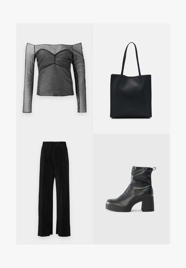 Gina Tricot BALLERINA - Long sleeved top - black; Black pleated trousers with an elastic waistband. Features wide legs and a smooth, textured fabric with vertical stripes.; Black ankle boots made of smooth leather, featuring a side zipper, chunky textured heel, and rounded toe design.; Black leather tote bag with smooth texture, rectangular shape, and two long handles. No visible hardware or embellishments.