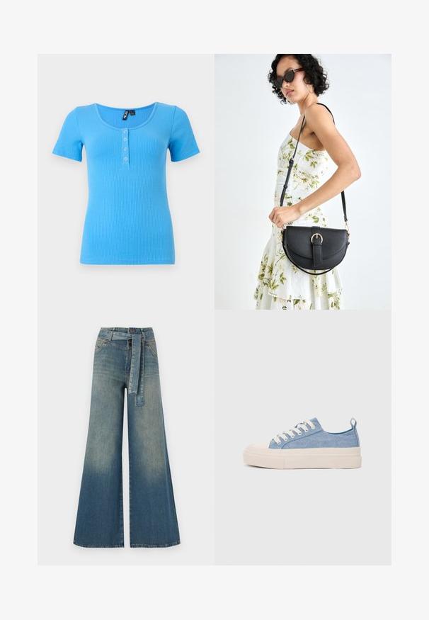 Ribbet, kortermet t-skjorte i klar blå. Har en rund hals og tre knapper foran. Mykt, elastisk materiale.; Bredde ben jeans med en lyseblå til mørkeblå gradient, høyt liv, beltehemper og et matchende belte i samme stoff. Teksturert denimoverflate.; Lys blå canvastøfler med en kremfarget gummitupp og yttersåle, med hvite snørebånd og en løfteløkke på hælen.; Svart lærveske med en buet form, avtagbar stropp og gullbeslag. Vesken har et klaff med spenne-detall.