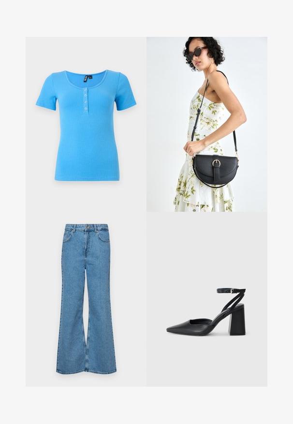 Ribbed, short-sleeve t-shirt in vibrant blue. Features a rounded neckline and three button placket at the front. Soft, stretchy material.; Light blue flared jeans made of denim, featuring a high waist, five pockets, and a single button closure. Soft texture with faded finish.; Black leather pointy-toe pump with an ankle strap and a chunky heel. Flat texture, sleek design, and minimalistic aesthetics.; Black leather handbag with a curved shape, detachable strap, and gold hardware. The bag features a flap with a buckle detail.