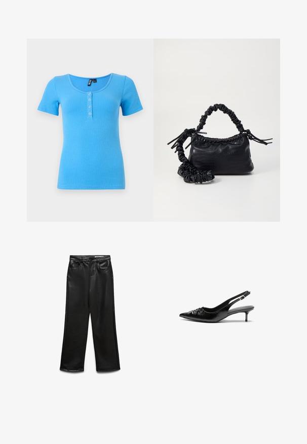 Triibuline, lühikeste varrukatega T-särk erksinisena. Omab ümarat kaelust ja kolme nupuga nööpauku ees. Pehme, elastne materjal.; Mustad kunstnahast laiade säärtega püksid esitaskutega, vööaasadega ja õrnalt läikiva pinnaga. Sile tekstuur ja kohandatud sobivus.; Musthave nahkased kõrged kontsad, millel on terav varvas, väike kitten-kont ja dekoratiivne sõlm ees. Ühtlane sile tekstuur.; Must must sünteetilisest nahast käekott, millel on krokodillimuster, kokku tõmmatav ülaosa ja kortsus rihm. Tundub pehme ja kompaktne disain.