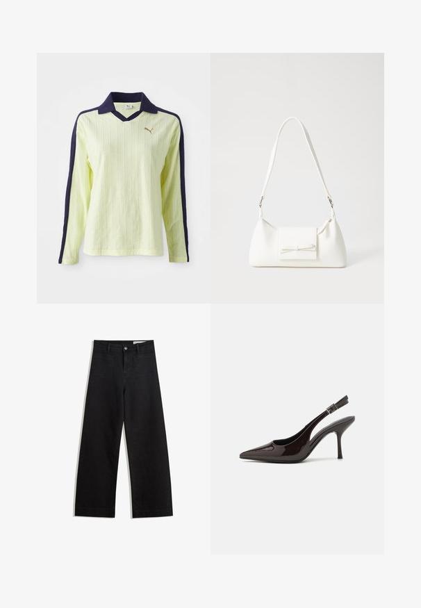 Vaaleankeltainen pitkähihainen pikeepaita, jossa on tummansininen kaulus ja hihat. Paidassa on teksturoitu ribbikuviointi ja pieni kultainen logo rinnassa.; Mustat leveät farkut korkealla vyötäröllä, joissa on etu- ja takataskut, ommellut saumat ja nappisuljenta. Silkinoinen rakenne.; Korkokenkät tummanruskeasta kiiltävästä patenttinnahasta, teräväkärkiset, avoimet sivut ja säädettävä nilkkaremmi.; Valkoinen synteettinen käsilaukku, jossa on kolmikulmainen muoto, tasainen etu läppä ja nauhadetail, säädettävä olkahihna, sileä rakenne ja minimalinen muotoilu.