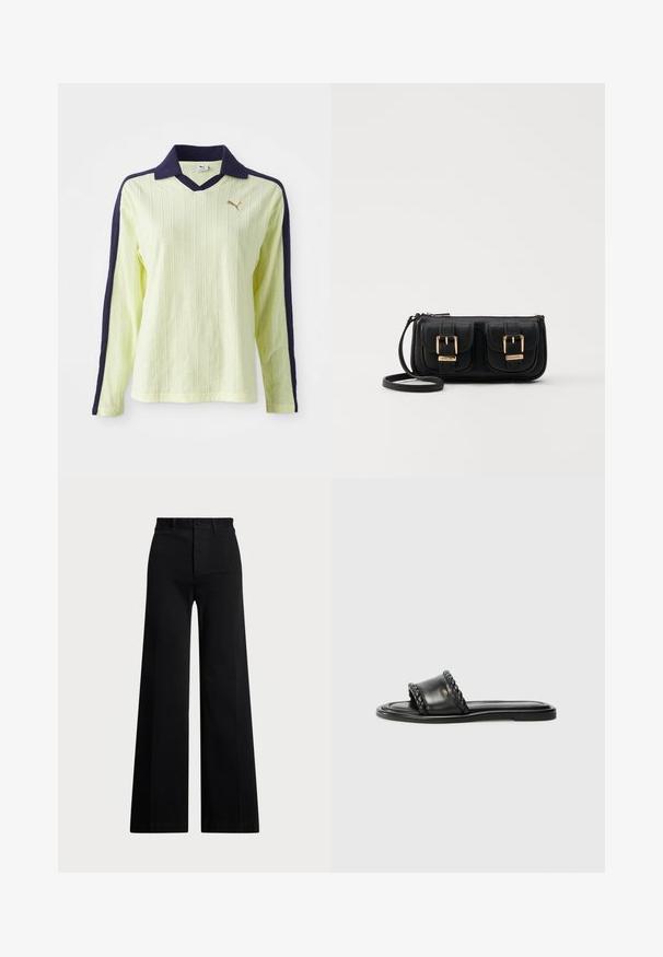 Světle žlutý polo triko s dlouhým rukávem a tmavě modrým límcem a rukávy. Má texturovaný žebrovaný design a malé zlaté logo na hrudi.; Černé široké kalhoty z tkané látky s vysokým pasem, předním zapínáním na knoflíky a bočními kapsami. Hladký povrch s čistými liniemi.; Černé kožené sandály s tkaným detailem pásku, plochou podrážkou a elegantním designem. Hladký povrch a minimalistický profil.; Černá kožená crossbody taška se dvěma předními kapsami, zlatými přezkami, zipovým uzávěrem a štíhlým popruhem. Texturovaný povrch a kompaktní obdélníkový tvar.