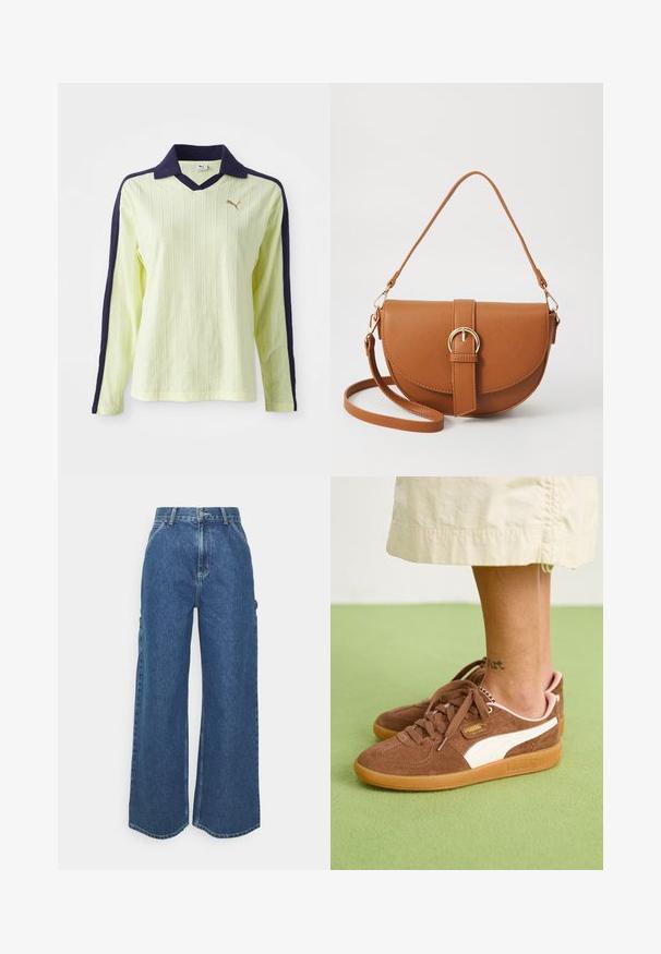 Polo de manga larga amarillo claro con cuello y mangas en azul oscuro. Presenta un diseño texturizado con canalé y un pequeño logotipo dorado en el pecho.; Pantalones vaqueros de pierna ancha en azul con cintura alta, costuras en contraste y bolsillos laterales, que cuentan con un diseño clásico de cinco bolsillos y dobladillos sin rematar.; Zapatillas de ante marrón con acentos blancos, suela de goma y talón rosa. Cuerdas y detalles de marca visibles. Tatuaje en el tobillo parcialmente visible.; Bolso bandolera de cuero marrón con forma curvada, herrajes dorados y un acento de hebilla. Incluye una correa de hombro desmontable.