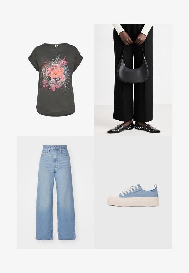 Donkergrijze t-shirt met korte mouwen met een bloemgraphic met roze bloemen en blauwe accenten, omringd door geometrische vormen en spetterpatronen.; Lichtblauwe high-waist wijde jeans met een knoop- en ritssluiting aan de voorkant, voor- en achterzakken, op een witte achtergrond.; Lichtblauwe canvas sneakers met een crème rubberen neuskap en zool, voorzien van witte veters en een trekstrip op de hiel.; Zwarte lederen schoudertas met een ronde vorm, glanzende afwerking en zilverkleurige hardware. Persoon in zwarte wijde broek en gestifte loafers.