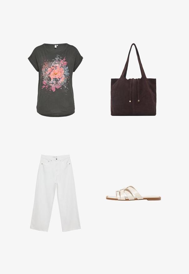 Temno siv majica s kratkimi rokavi, ki prikazuje cvetlični grafični motiv z rožnatimi cvetovi in modrimi akcenti, obdana z geometrijskimi oblikami in pršenjem vzorci.; Bele široke hlače iz denima, visoke pasu, z petimi žepi in kovinskimi dodatki. Gladek tekstur, brez vidnih vzorcev.; Ravne sandale s svetlo rjavim gumijastim podplatom, zasnovane s tremi prekrivajočimi se belimi usnjenimi trakovi in majhnim lokom na sredini.; Mango Torba za nakupovanje - dark brown