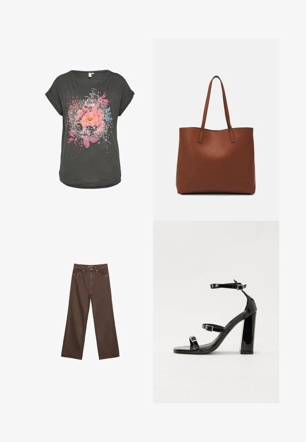 Tmavohnedé tričko s krátkym rukávom s kvetinovou grafikou, na ktorej sú ružové kvety a modré akcenty, obklopené geometrickými tvarmi a škvrnitými vzormi.; Džínsy s širokými nohavicami v hnedej farbe, vyrobené z denimu, so zvýšeným pásom, prednými vreckami a klasickým zapínaním na gombík. Hladká textúra s jemným prešívaním.; Čierne lakované sandále na podpätku so štvorcovou špičkou, navlečenými remienkami okolo členku a striebornými prackami. Disponujú masívnym blokovým podpätkom pre stabilitu.; Hnedá kožená taška na rameno s hladkou textúrou, otvoreným vrchom a dvoma ramenými popruhmi. Má minimálne šitia a žiadne viditeľné kovania.