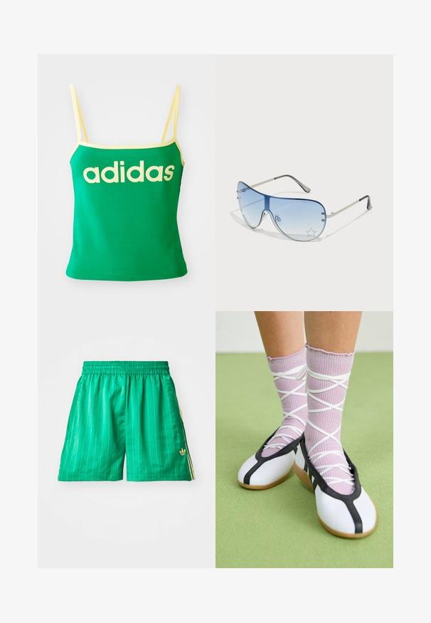 Top verde com detalhes amarelos, feito de material elástico. Apresenta um grande logótipo amarelo da "adidas" na parte da frente e alças finas.; Calções de desporto verdes com riscas verticais brancas, cintura elástica e pormenores laterais amarelos. Apresenta um pequeno logótipo dourado na parte inferior esquerda.; Sapatos brancos planos com detalhes e solado pretos, combinados com meias caneladas roxas claras com tiras brancas em cruz. Colocados sobre um fundo verde.; Óculos de sol aviador com lentes azuis em degradê, armação metálica prateada e detalhes decorativos de estrelas nas lentes. Design suave e elegante.