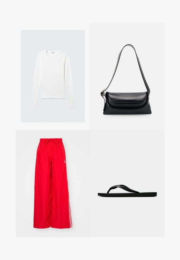 Long-sleeve white crew neck T-shirt with a "WEEKDAY" label on the inside collar, laid flat on a light gray background.; Red wide-leg pants made of lightweight fabric, featuring white side stripes and an elastic waistband with a drawstring.; Black rubber flip-flop sandal with a textured thong strap and simple flat sole, shown from side on a plain light background.; Black leather handbag with a structured shape, a smooth texture, and a single shoulder strap. Features a subtle, rounded flap design.