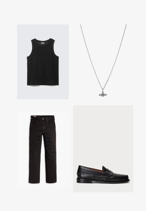 Canotta nera senza maniche con texture a coste, scollatura rotonda e orlo dritto. L'etichetta recita "WEEKDAY" sulla scollatura.; Jeans in denim neri a gamba dritta con cinque tasche, chiusura a bottone e passanti per cintura, adagiati su uno sfondo bianco.; Mocassino in pelle nera con punta arrotondata, dettagli cuciti e una fascia decorativa sul davanti. Suola piatta con profilo minimal.; Collana in argento con un pendente dettagliato a forma di pianeta, adornato con piccole decorazioni e motivi intricati.