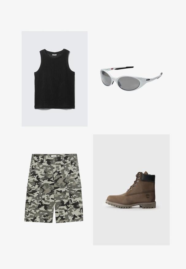 Fekete ujjatlan trikó bordázott textúrával, kerek nyakkivágással és egyenes aljjal. A címke a nyakkivágásnál "WEEKDAY" felirattal olvasható.; Camos-felt cargo bermuda nadrág, szürke és zöld árnyalatokban, több zsebből, gombos záródással és strapabíró szövettextúrával.; Barna bőr bokacsizma fekete gallérral, fém fűzőlyukakkal és strapabíró szürke talppal. Oldalán logó található, valamint steppelt részletek.; Fehér műanyag napszemüveg nagy ovális lencsékkel, szürkére árnyékolva. Fekete fülre csúszó betétekkel és egy kis logóval a kereten. Simább felület.