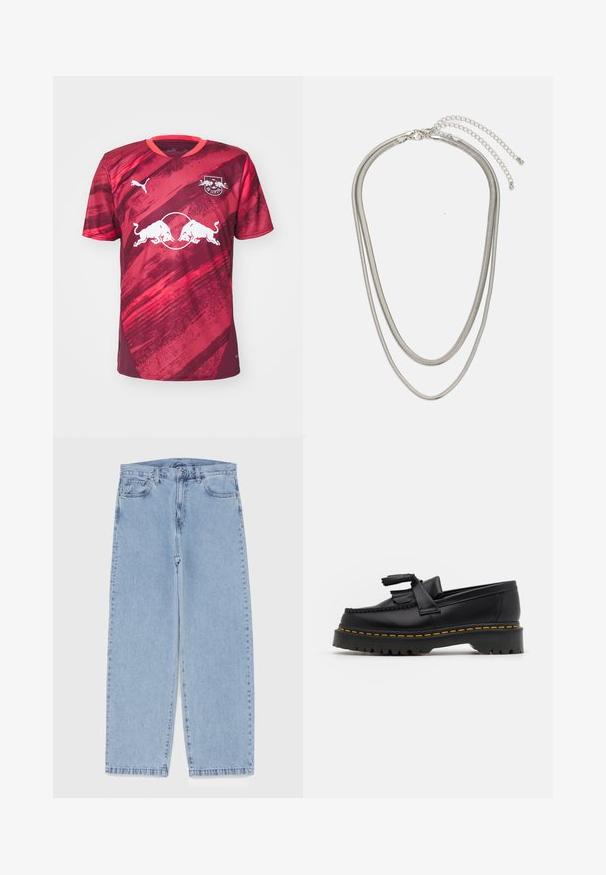 Raudonas ir rožinis trumpomis rankovėmis džersis su apvaliu apykakle, su grafiniu raštu ir centruoto dviejų bulių logotipu. Pagamintas iš kvėpuojančios medžiagos.; Šviesiai mėlyni džinsai su tiesiomis kojomis, turintys vidutinio aukščio juosmenį, penkias kišenes ir mygtuko bei užtrauktuko uždarymą.; Juodas odinis loaferis su kutais, turintis masyvų juodą pado ir geltonus siūlus palei kraštą. Textūruota danga.; Trijų sluoksnių sidabrinė metalinė apyrankė, kuri pasižymi stilingomis, lankstosiomis grandinėlėmis su švelniu blizgesiu, užsegama krabų užsegimu ir reguliuojama grandinė.