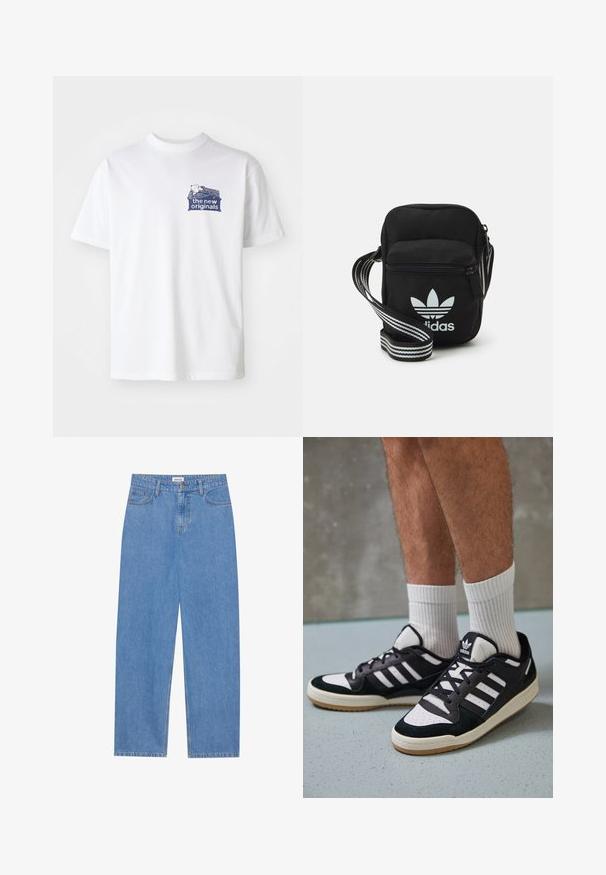 Balta kokvilnas T-krekls ar tumši zilu grafiku kreisajā krūtī, kurā ir uzraksts "jaunās oriģinālies" un virs tā ir rakstaina dizaina elementi.; Gai zili džinsi ar taisnu piegriezumu, piecu kabatu dizainu, vienu pogu aizdari un diskrētu šuvju detaļu.; Melnas un baltas kedas ar zamša un ādas augšdaļu, kas aprīkotas ar trim baltām svītrām, perforētu purngali un gumijas zolēm.; Melna auduma crossbody soma ar rāvējslēdzēja aizdari, kurai ir balts Adidas logo un svītrainas regulējamas siksnas ērtiem pārvietošanās veidiem.