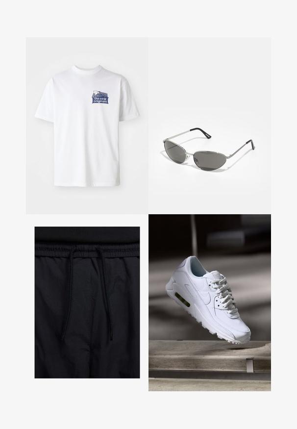 T-shirt de algodão branco com um gráfico azul-marinho no lado esquerdo do peito, apresentando o texto "os novos originais" e um design padronizado acima dele.; Calções pretos com um cós elástico ajustável, fabricados em tecido leve com uma textura suave e um design simples, sem logótipos ou padrões visíveis.; Sapatilha branca de couro com superfícies texturizadas, colarinho acolchoado e amortecimento de ar visível na sola. Apresenta atacadores e um design minimalista.; Óculos de sol com uma estrutura metálica prateada elegante, lentes cinzentas e um design aerodinâmico com bordas pontiagudas e hastes finas.