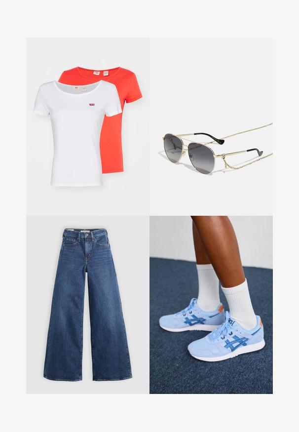Two short-sleeve T-shirts, one white and one orange, made of cotton. Both feature a small red Levi's logo on the chest.; Wide-leg blue denim jeans with five pockets, a button closure, and contrast stitching, featuring a soft and textured finish.; Legs wearing light blue Asics sneakers with white soles and white crew socks standing on dark carpeted floor.; Gold aviator sunglasses with dark gradient lenses, featuring a decorative chain and a black rubber tip on the temples. Brand name on the frames.