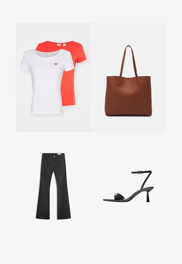 Dve tričká s krátkym rukávom, jedno biele a jedno oranžové, vyrobené z bavlny. Obe majú na hrudi malé červené logo Levi's.; Čierne rozšírené džínsy vyrobené z denimu s hladkou textúrou, obsahujúce dve zadné vrecká a zapínanie na gombík v páse.; Bershka Sandále na vysokom opätku - black; Hnedá kožená taška na rameno s hladkou textúrou, otvoreným vrchom a dvoma ramenými popruhmi. Má minimálne šitia a žiadne viditeľné kovania.