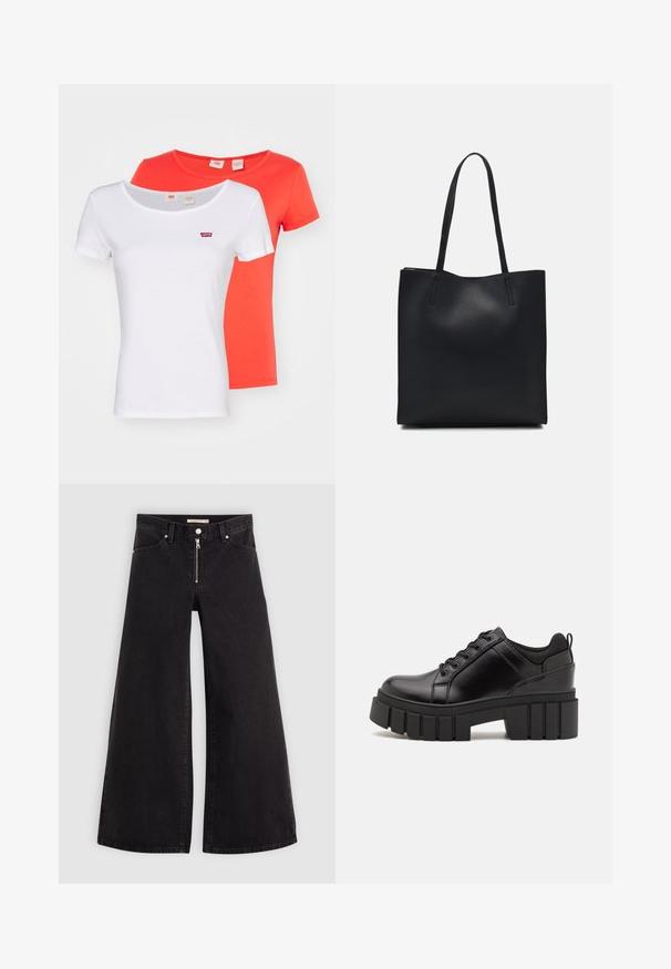 Divi īsās piedurknēm T-krekli, viens balts un otrs oranžs, izgatavoti no kokvilnas. Abiem ir neliels sarkans Levi's logo uz krūšu.; Platas kājas džinsi melnā džinsa audumā ar rāvējslēdzēju priekšā, piecu kabatu dizains un smalkas šuvju detaļas. Gluda tekstūra un ikdienišķs stils.; Melnas ādas platformas kurpes ar masīvu bloku papēdi, apaļu purngalu un tradicionālu saistīšanas dizainu. Izceļas ar gludu tekstūru un minimālu apdari.; Melnas ādas somiņa ar gludu tekstūru, taisnstūra formu un divām garām rokturiem. Nav redzamu aparatūras vai rotājumu.