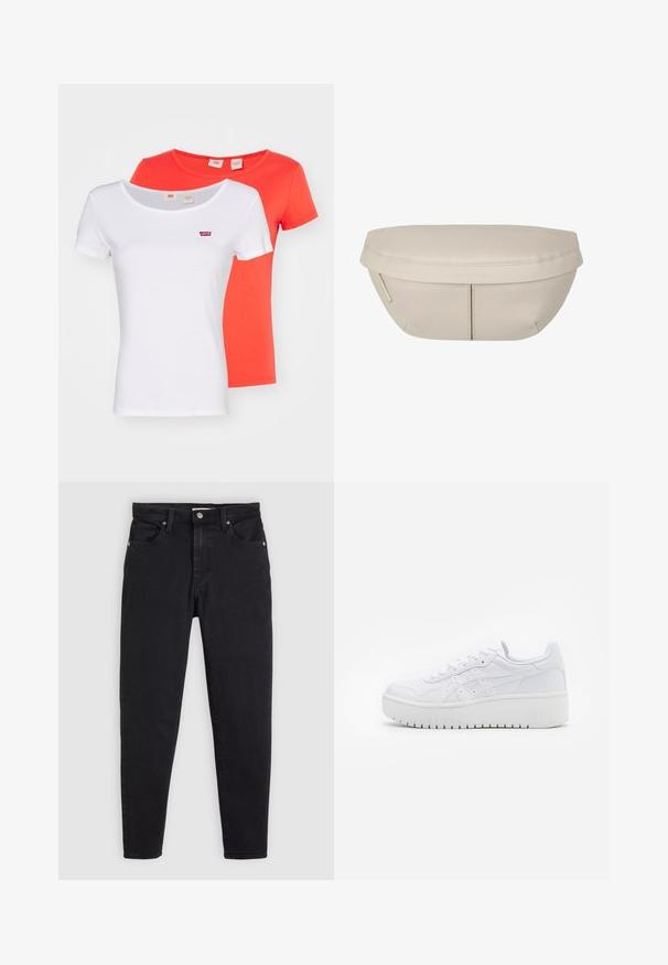 Zwei kurzärmelige T-Shirts, eines weiß und eines orange, aus Baumwolle. Beide haben ein kleines rotes Levi's-Logo auf der Brust.; Schwarze Slim-Fit-Jeans mit Knopf- und Reißverschluss, Fünf-Taschen-Design und Gürtelschlaufen auf einem hellgrauen Hintergrund.; Weiße Plattform-Sneaker aus glattem Leder mit perforierten Details und flachen Schnürsenkeln; ausgestattet mit einer dicken weißen Gummisohle.; Beiger Stoffbeutel mit runder Form, flacher Oberseite und subtilen Nahtdetails. Enthält ein minimalistisches Logo und einen Seitengurt.