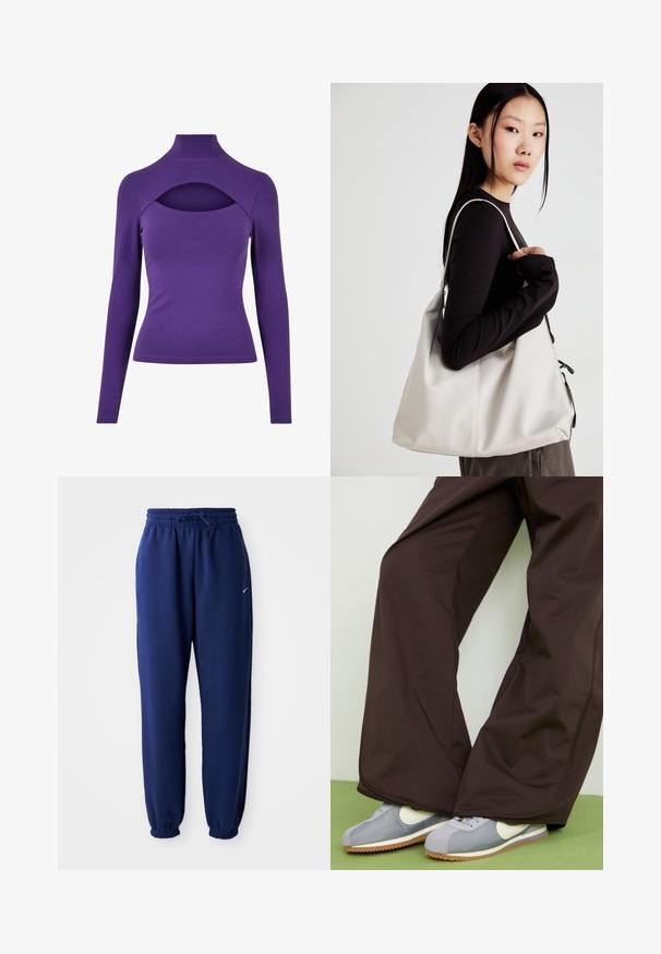 Lila hosszú ujjú felső, magas nyakkivágással és kivágással a nyak alatt. Puha, rugalmas anyagból készült, sima textúrával.; Navy kék sportnadrág puha anyagból, elasztikus derékpánttal és zsinórral, elasztikus mandzsettákkal és egy kis fehér logóval.; Barna széles lábú nadrág sima textúrával és oldalsó varrással, szürke és fehér retró stílusú edzőcipőkkel, amelyek gumitalpúak.; Puha anyagból készült bézs kézitáska, laza dizájnnal, varrott részletekkel és két vállpánttal. Mindennapi használatra alkalmas.