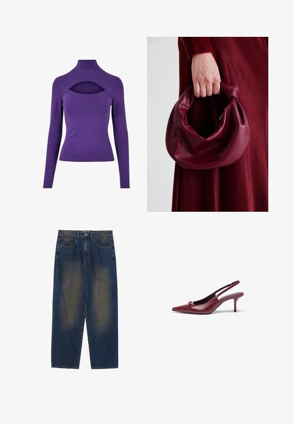 Lila langärmliges Oberteil mit hohem Kragen und einem Ausschnitt unter dem Hals. Hergestellt aus weichem, dehnbarem Material mit glatter Textur.; Blaue Jeanshose mit entspannter Passform, mittlerer Waschung, fünf Taschen, Knopfverschluss und leicht ausgebleichten Bereichen auf der Vorderseite.; Burgunderfarbene Slingback-Pumps mit spitzem Fuß, aus Leder gefertigt. Sie verfügen über ein dekoratives Element am Blatt und einen 7,5 cm hohen Stiletto-Absatz.; Burgunderleder-Handtasche mit einem weichen, gerafften Design und einer gerundeten Form. Der Griff ist gesichert und zeigt eine glatte Textur.