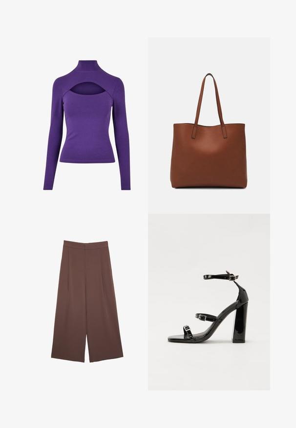 Lilla langærmet top med høj halsudskæring og en udskæringsdetalje under halsen. Lavet af blødt, strækbart materiale med en glat overflade.; Brune bredbunde bukser med en glat tekstur, der har høj talje og plisseringer foran. Stoffet er let og falder løst.; Sorte patenterede hælsandaler med firkantet tå, ankelremme og sølvspænder. Har en chunky blokHæl for stabilitet.; Brun læder tote taske med en glat overflade, åben topdesign og to skulderremme. Har minimal syning og ingen synlig hardware.